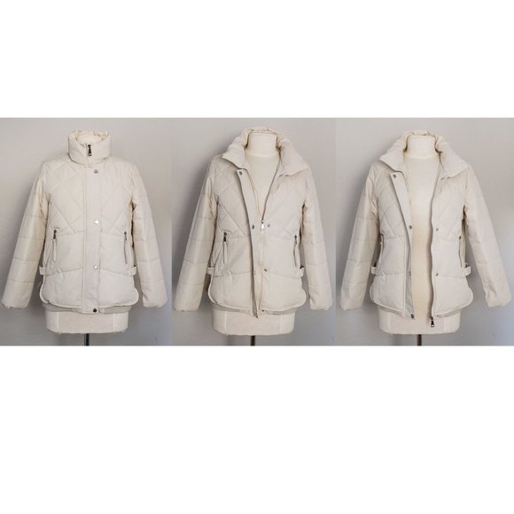 NEW Stone Ecru Ivory Diamond Quilted High Neck Nylon Cozy Warm Puffer Jacket - Picture 7 of 11